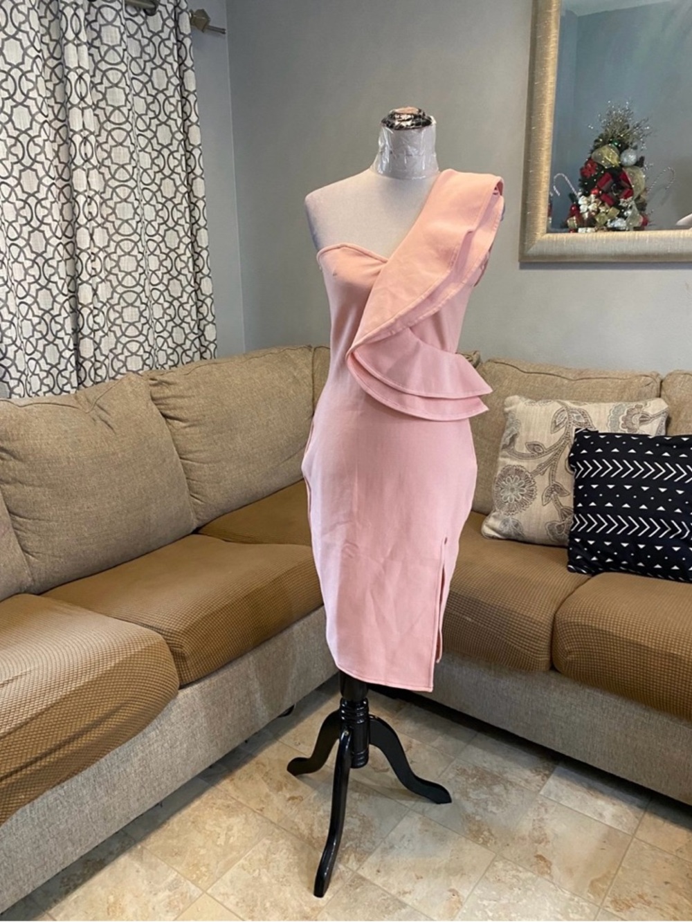 New Women size Large Pink one-shoulder ruffle detail and a slit Dress